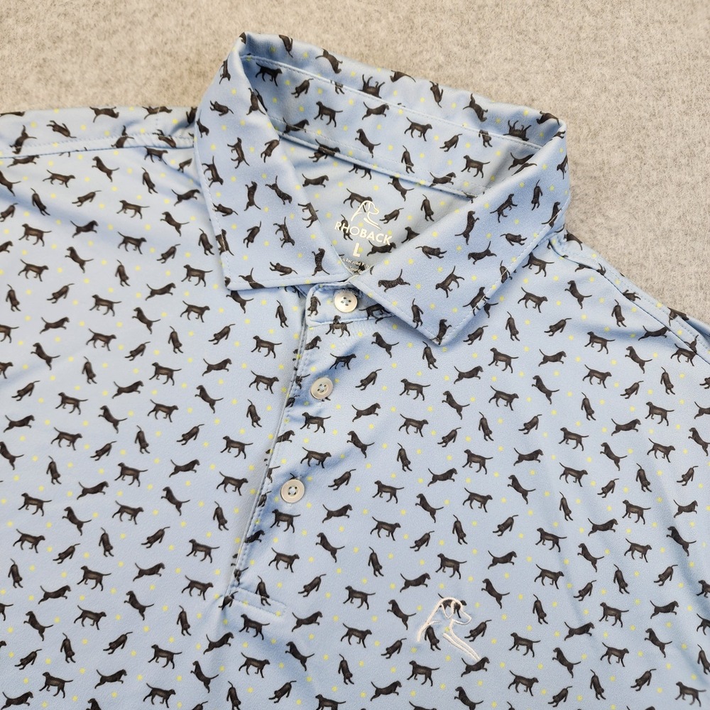 Rhoback The Lab Polo Shirt Men's L Dog Print Golf Performance Stretch Blue